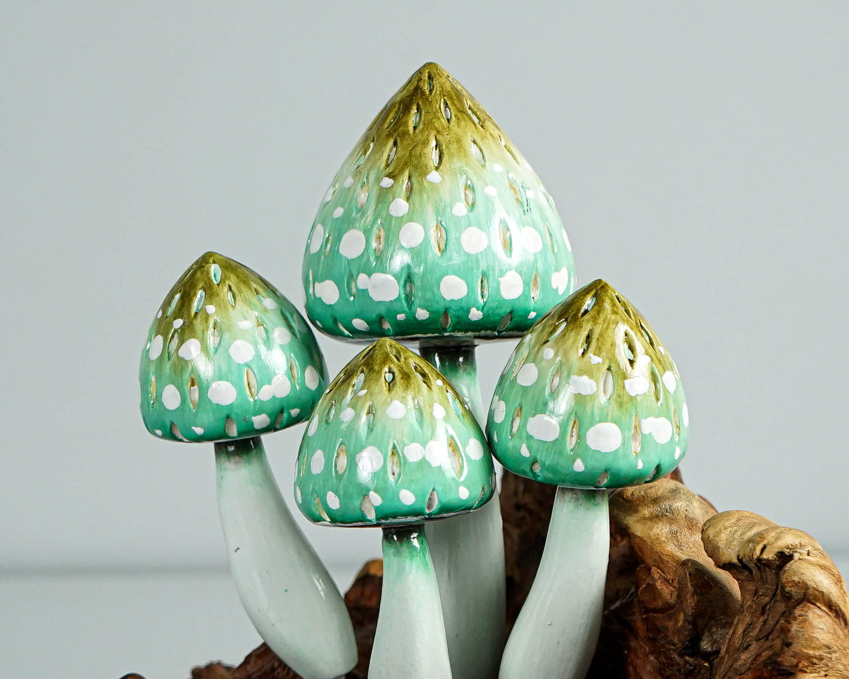 Green Mushroom Sculpture 7in Tall Hand-Painted Fairy Wooden Tabletop Decor