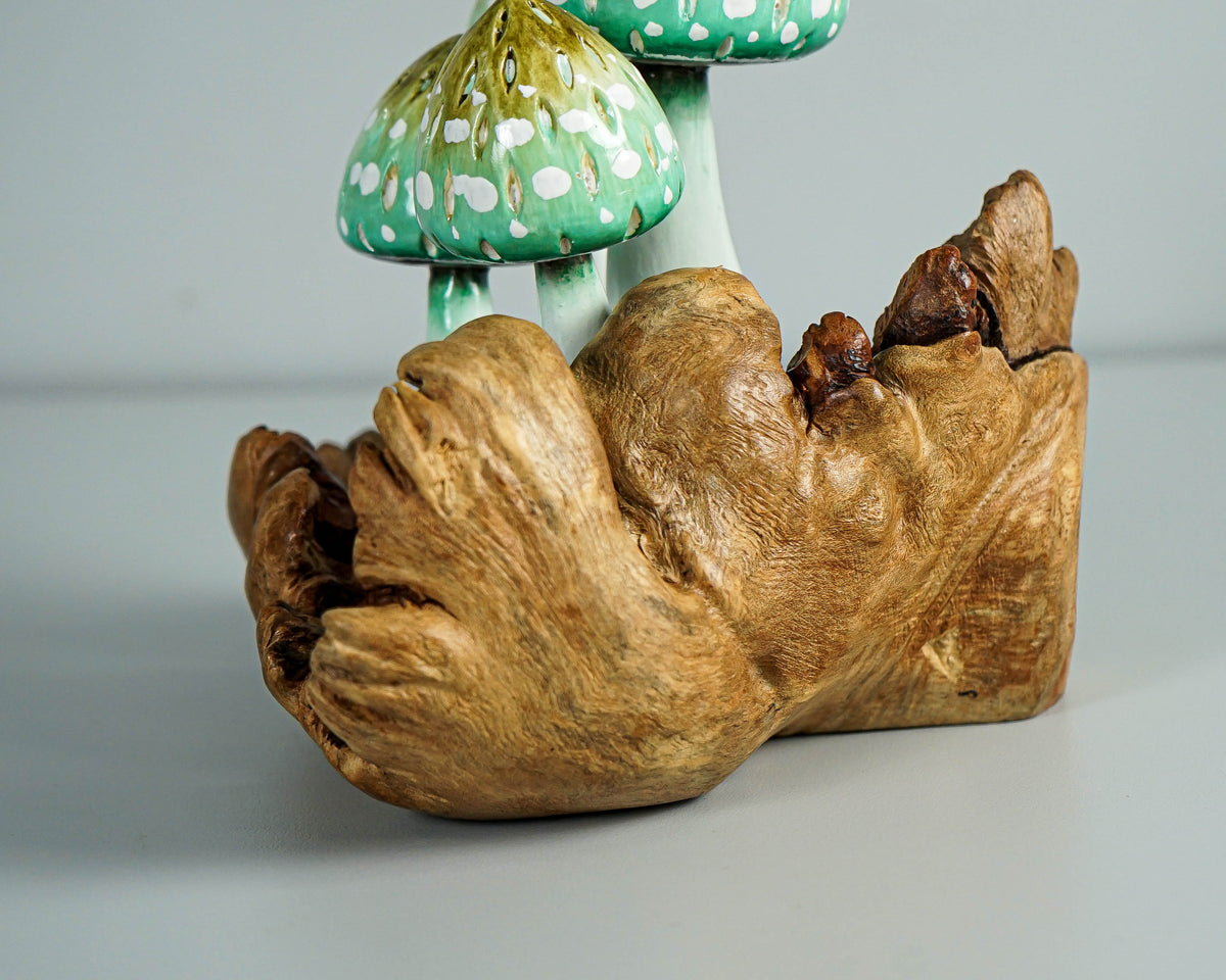 Green Mushroom Sculpture 7in Tall Hand-Painted Fairy Wooden Tabletop Decor
