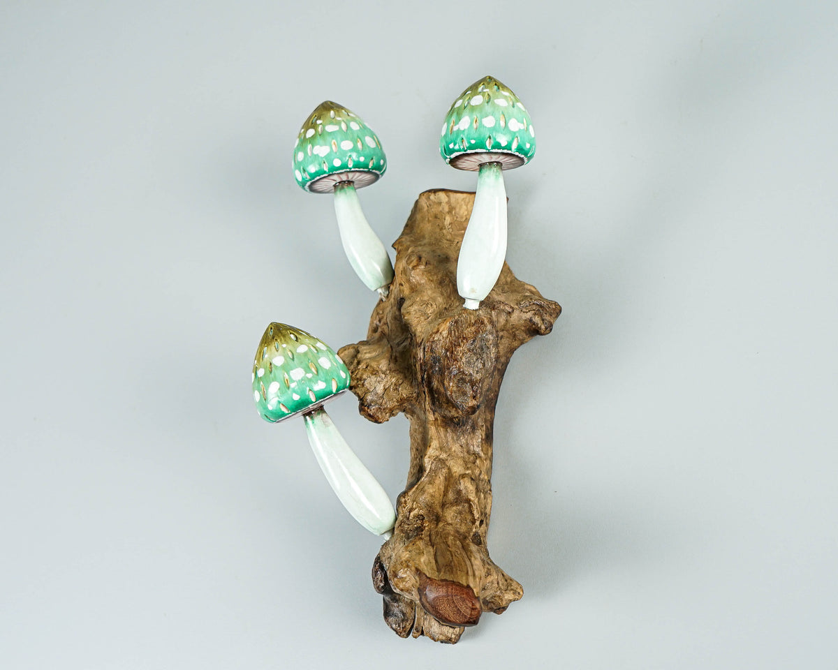 Green Hanging Mushroom Sculpture 8in Tall Hand-Carved Wooden Wall Art Decor Gift