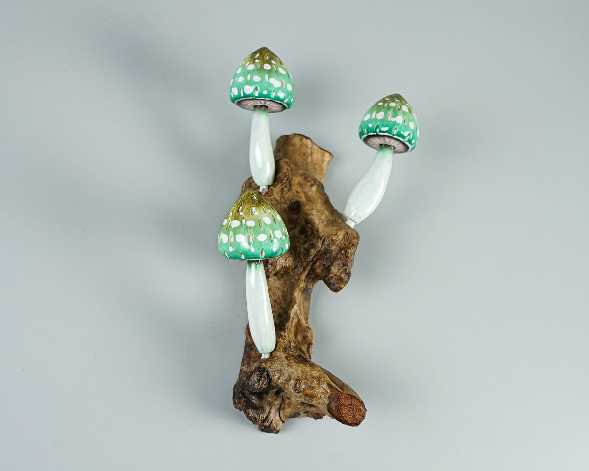 Green Hanging Mushroom Sculpture 8in Tall Hand-Carved Wooden Wall Art Decor Gift