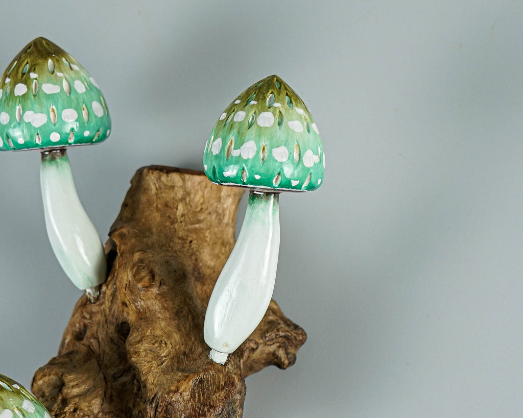 Green Hanging Mushroom Sculpture 8in Tall Hand-Carved Wooden Wall Art Decor Gift