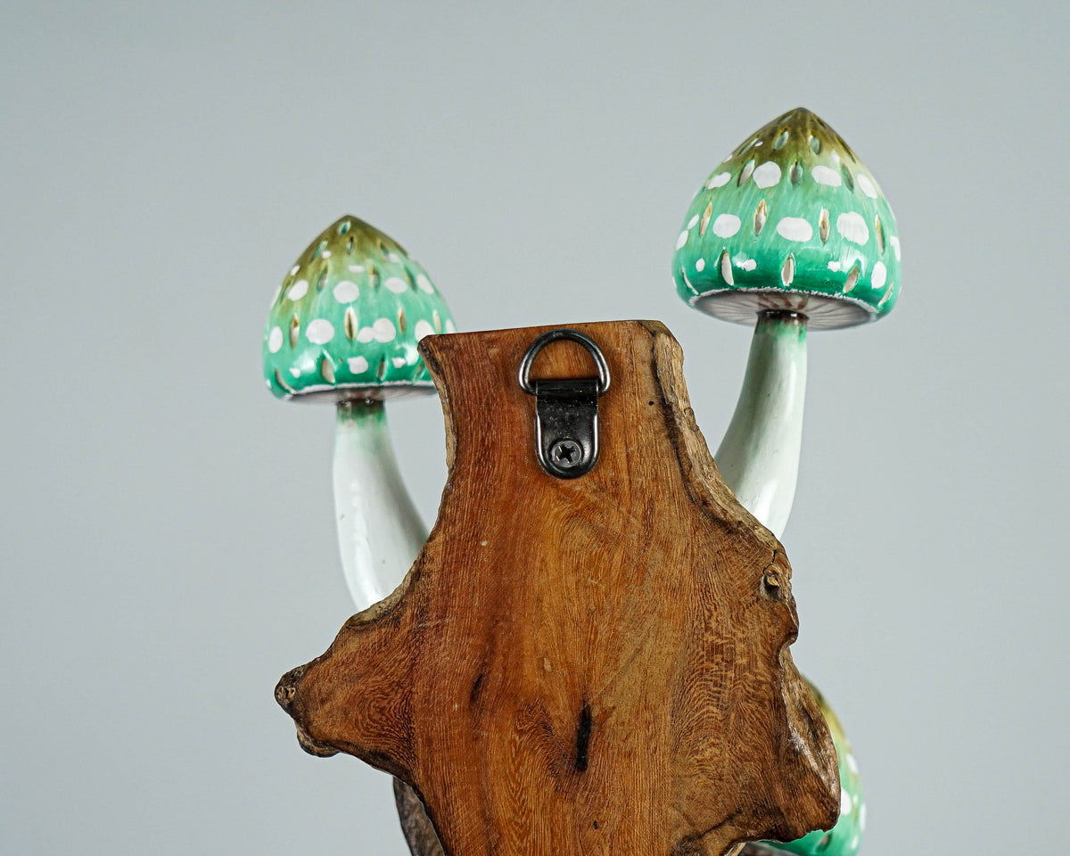 Green Hanging Mushroom Sculpture 8in Tall Hand-Carved Wooden Wall Art Decor Gift