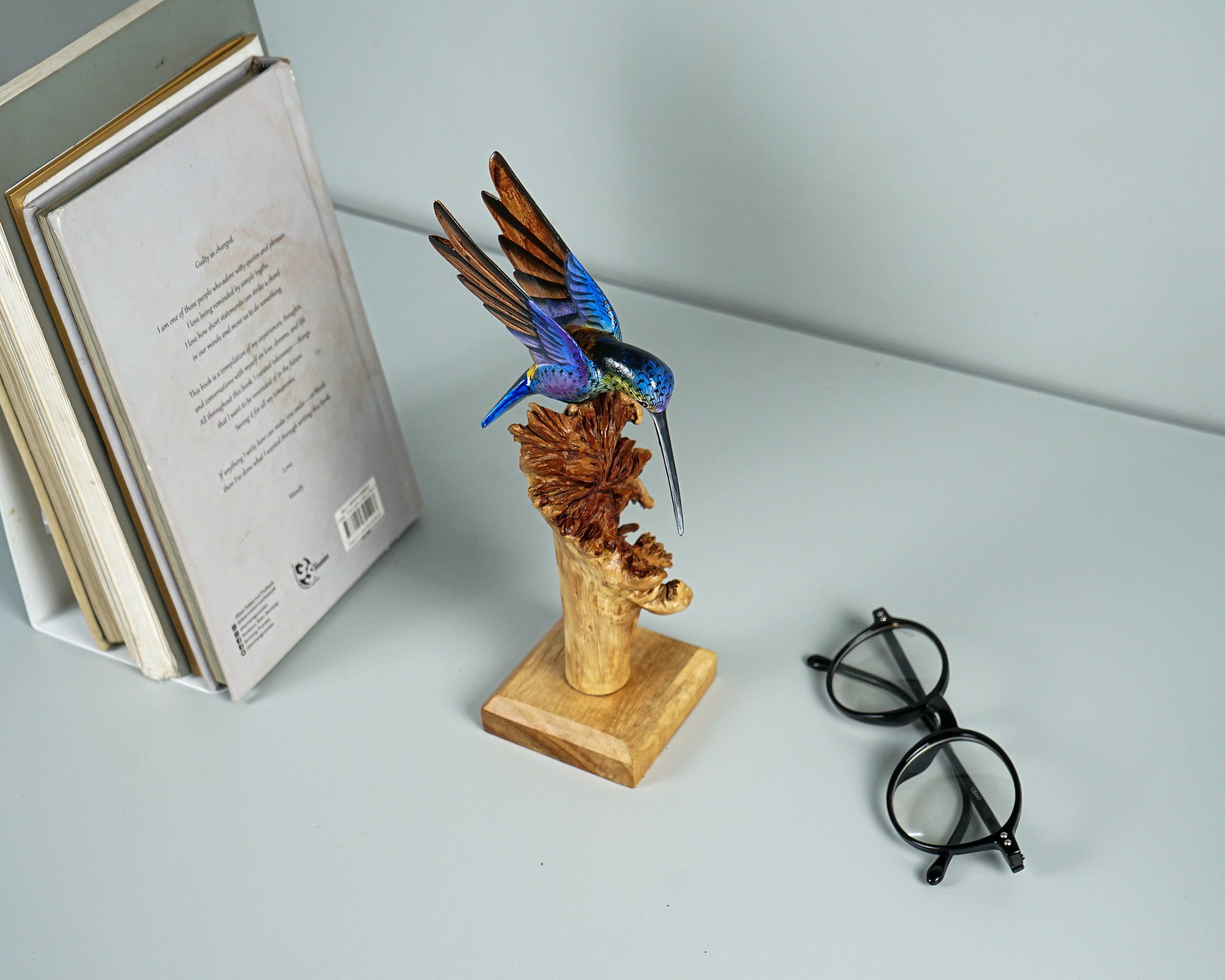 Colorful Hummingbird Statue, Blue, Painted Sculpture, Wood Carving Figure, Bird Statue, Colibri, Home Decor, Interior Decor, Handmade Gift