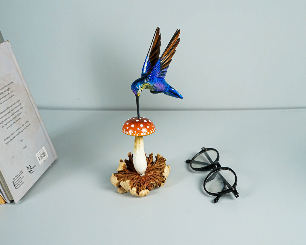 Blue Hummingbird & Red Mushroom Statue, Painted Sculpture, Wood Carving Figure, Bird, Colibri, Table Decor, Personalized, Handmade Gift