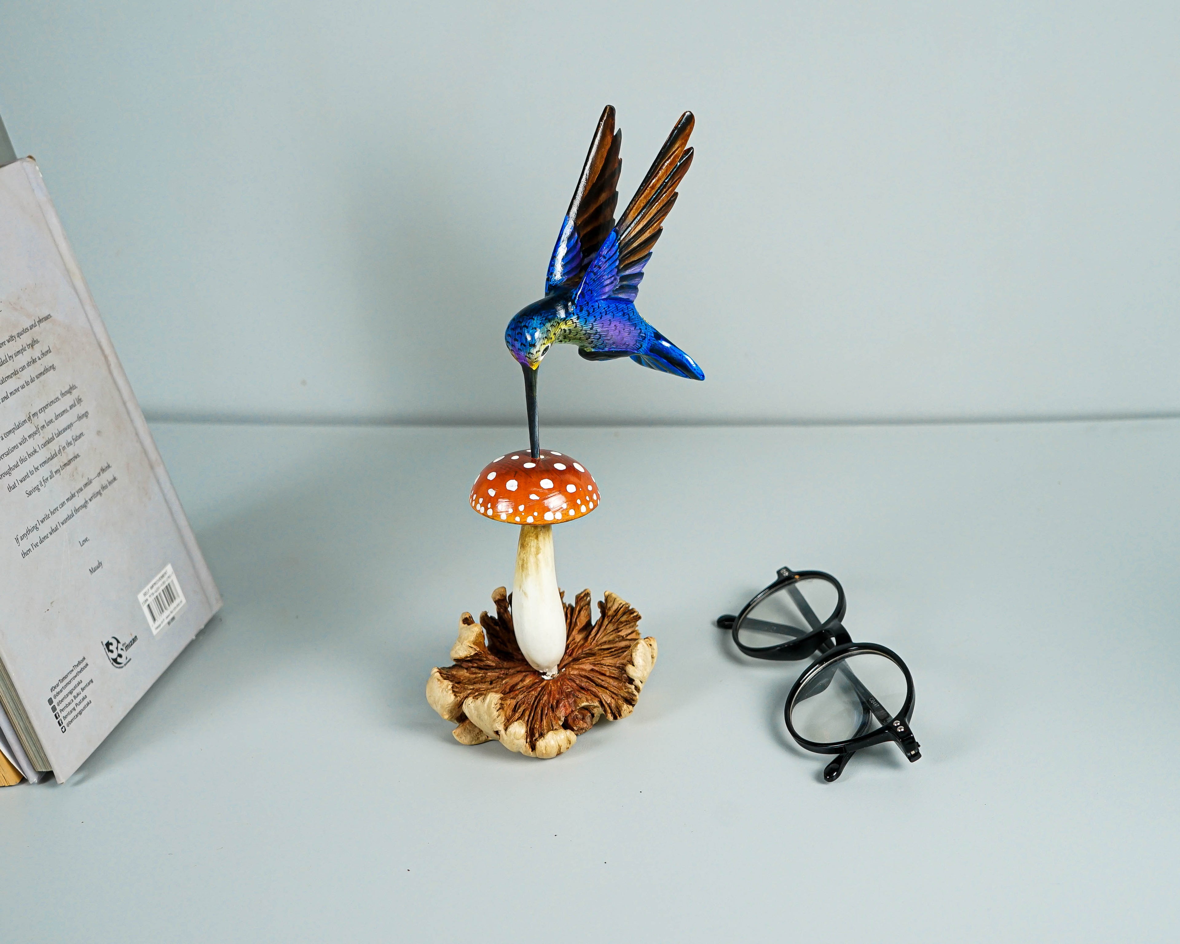 Blue Hummingbird & Red Mushroom Statue, Painted Sculpture, Wood Carving Figure, Bird, Colibri, Table Decor, Personalized, Handmade Gift