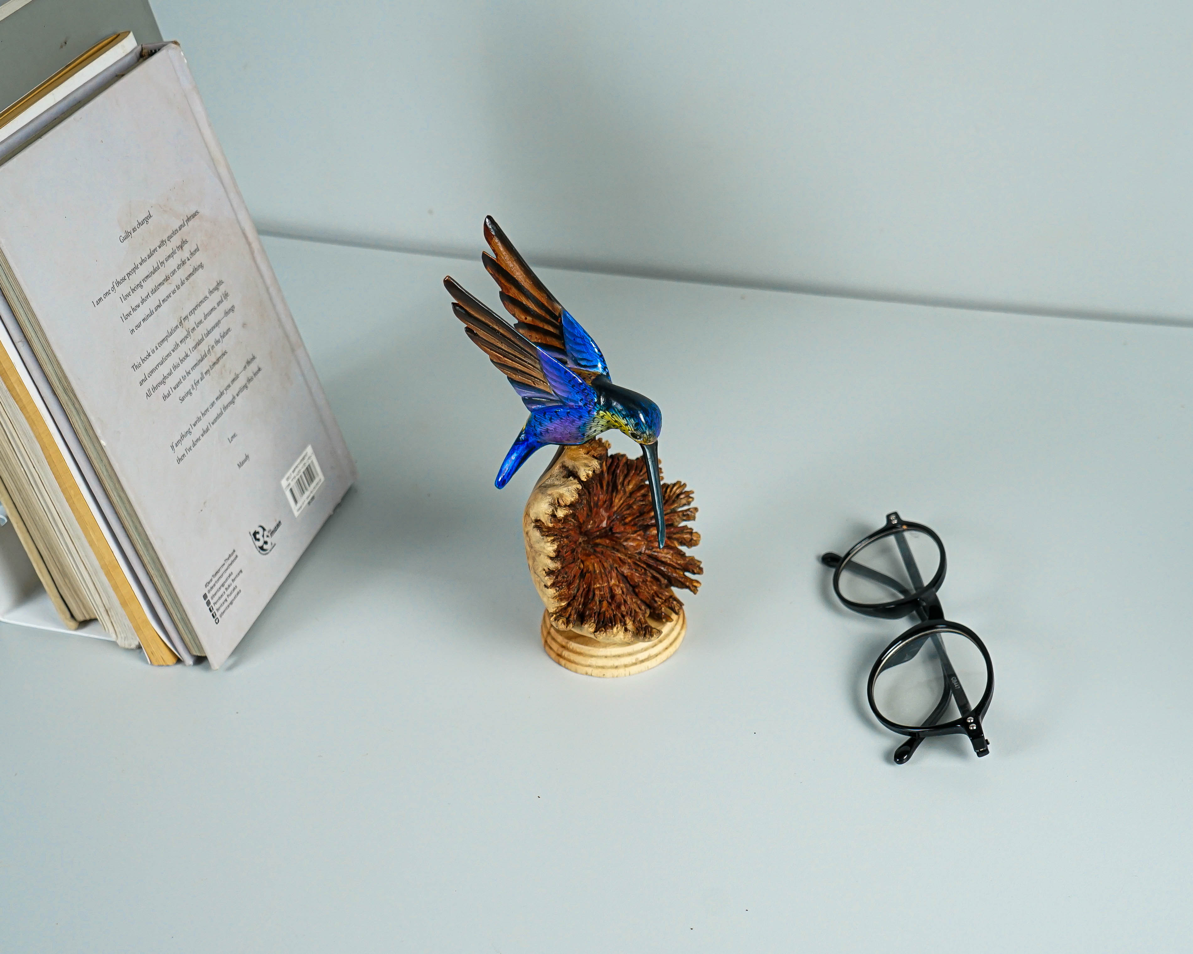 Blue Hummingbird Statue, Painted Sculpture, Wood Carving Figure, Handmade, Artwork, Bird Statue, Living Room Decor, Colibri, Birthday Gift