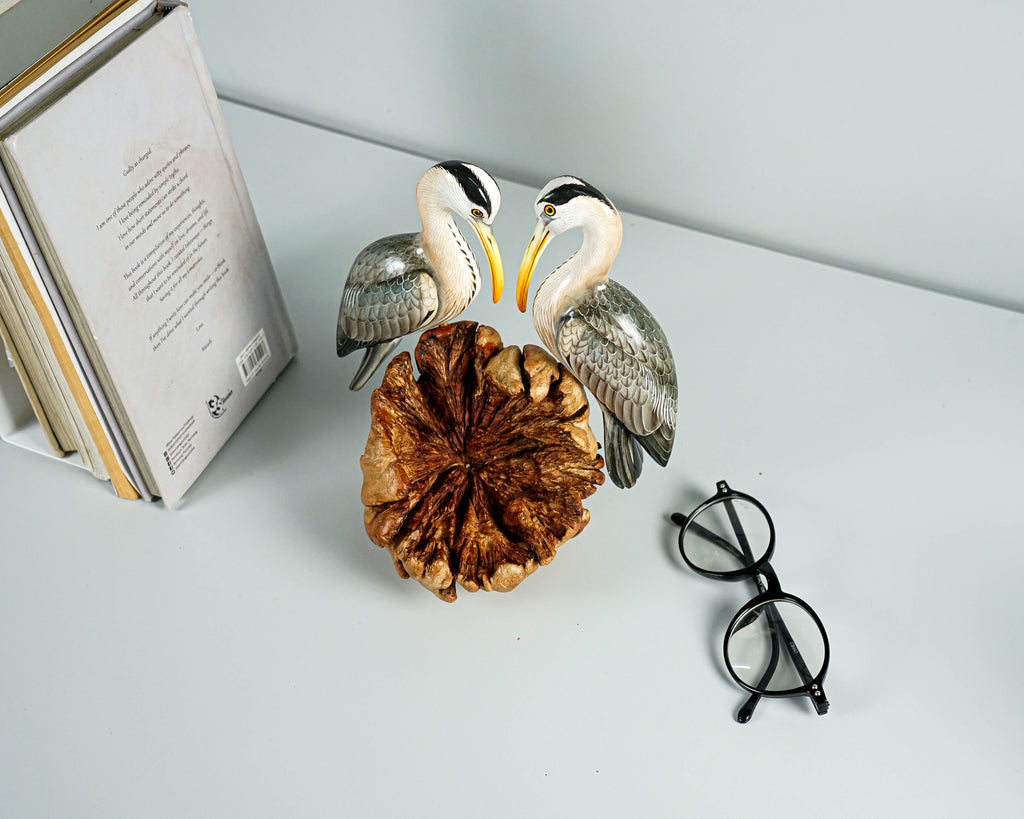 Colorful Heron Statue, Romantic, Painted Sculpture, Wood Carving Figure, Bird Statue, Tabletop, Housewarming, Couple Decor, Engagement Gift