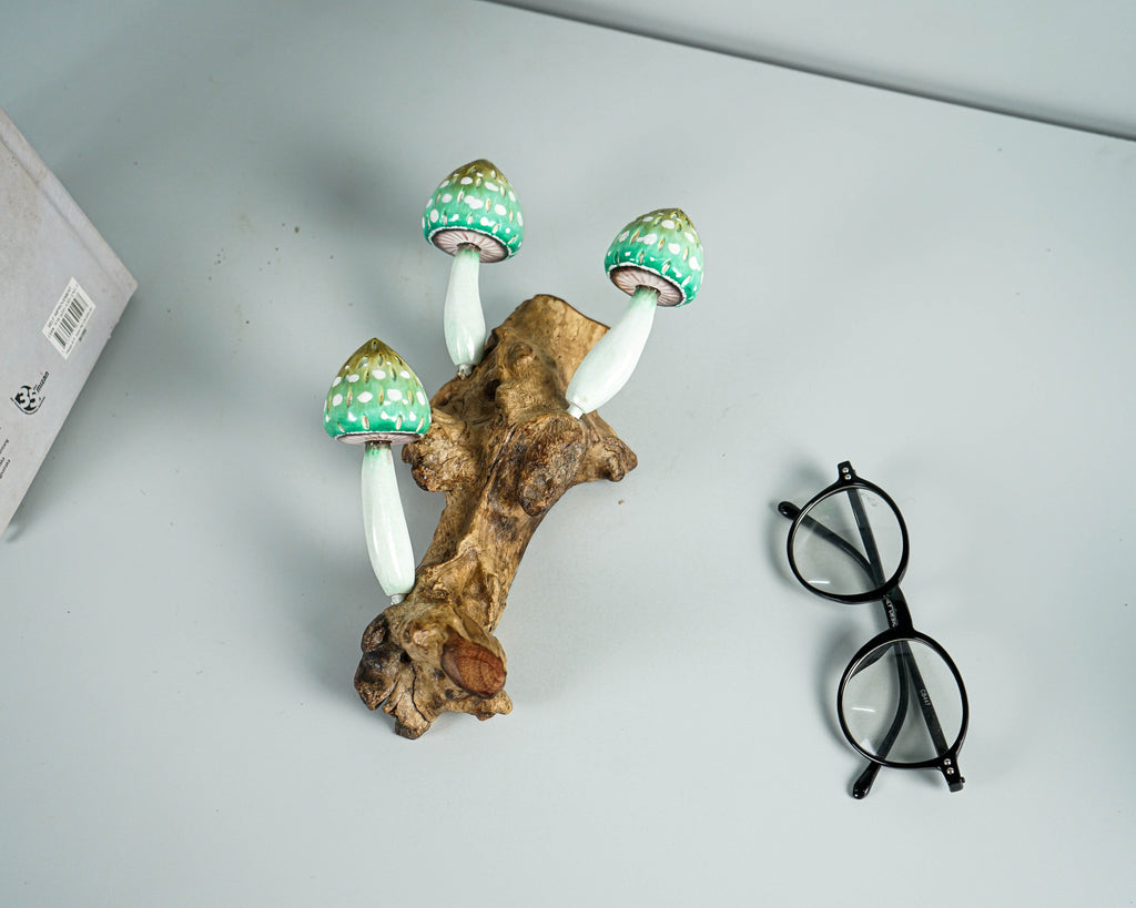 Green Hanging Mushroom Sculpture 8in Tall Hand-Carved Wooden Wall Art Decor Gift