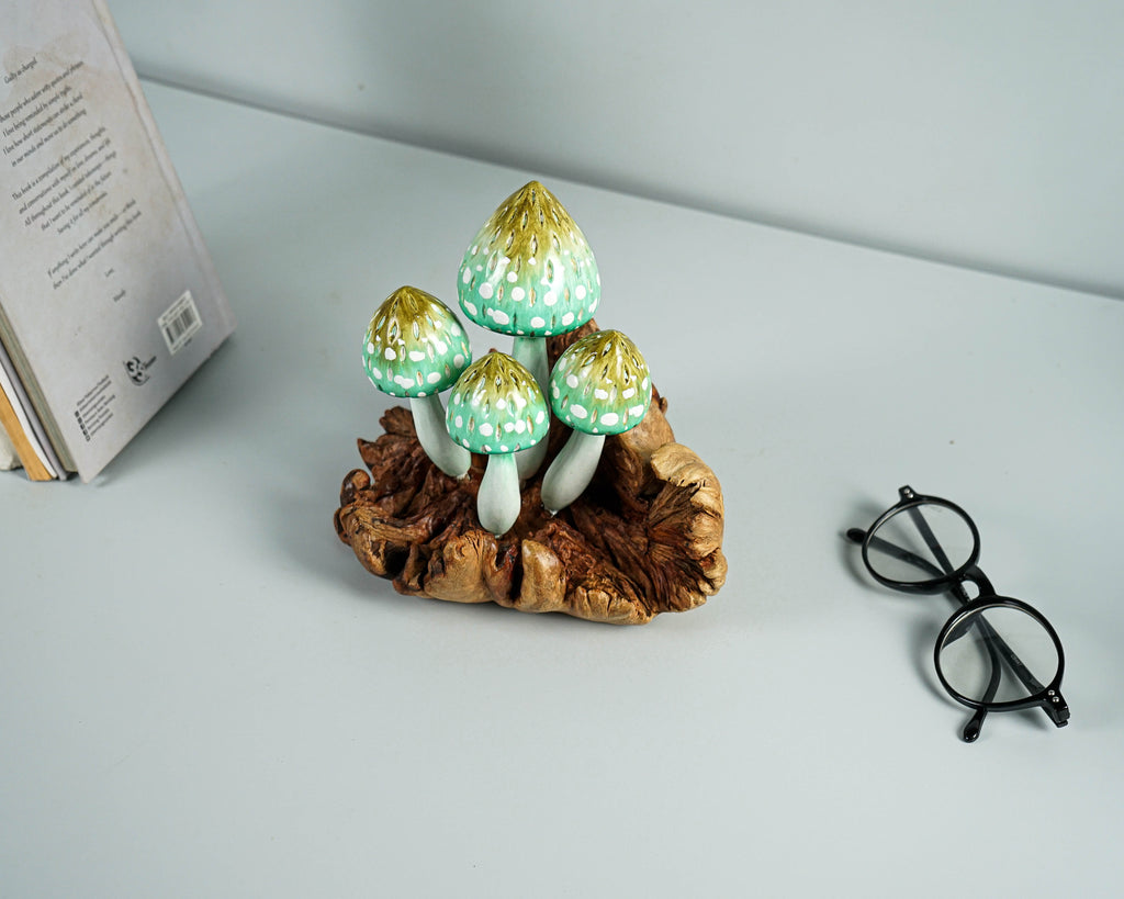 Green Mushroom Sculpture 7in Tall Hand-Painted Fairy Wooden Tabletop Decor