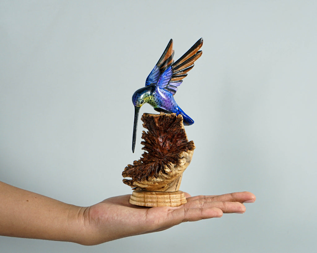 Blue Hummingbird Statue, Painted Sculpture, Wood Carving Figure, Handmade, Artwork, Bird Statue, Living Room Decor, Colibri, Birthday Gift