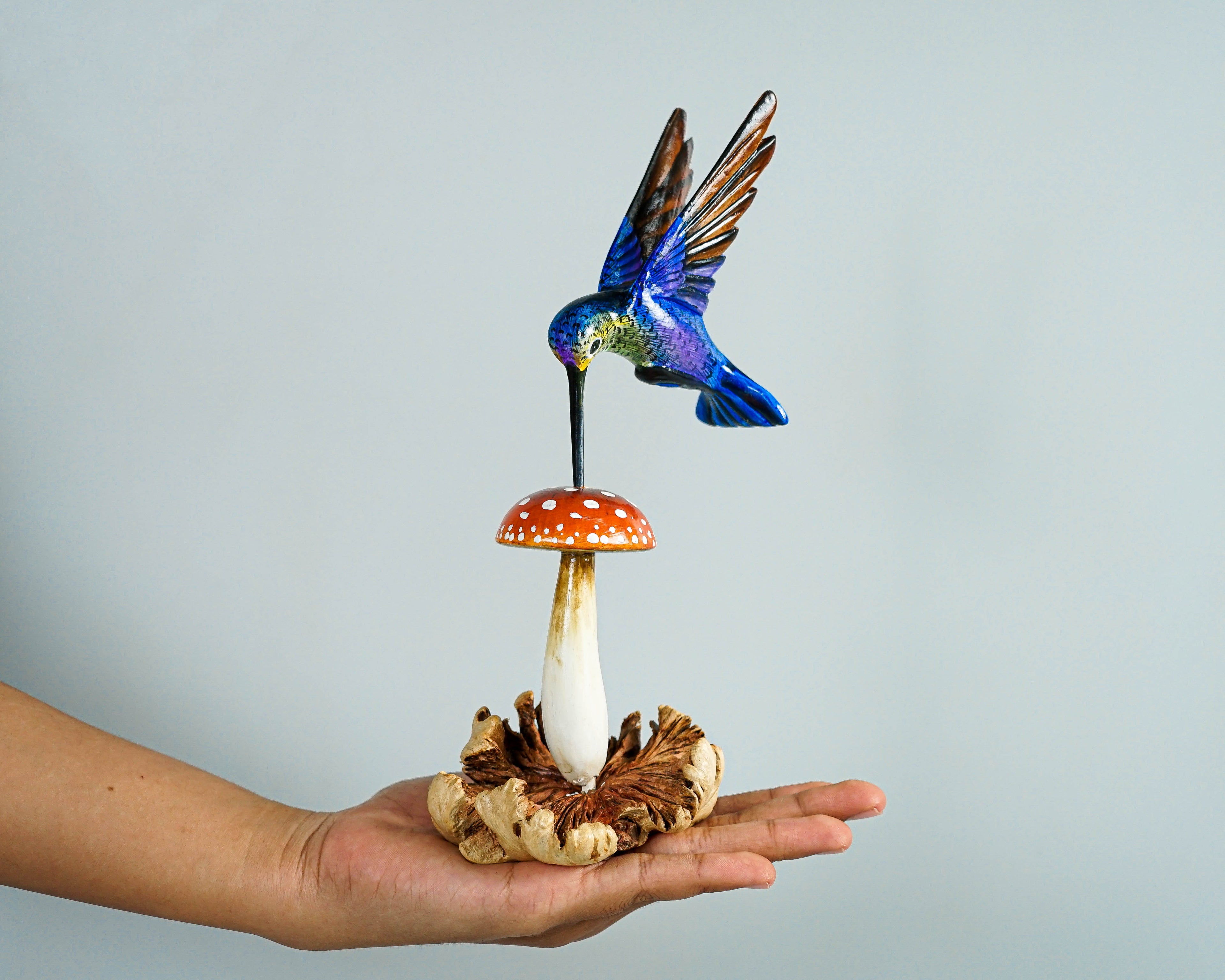 Blue Hummingbird & Red Mushroom Statue, Painted Sculpture, Wood Carving Figure, Bird, Colibri, Table Decor, Personalized, Handmade Gift