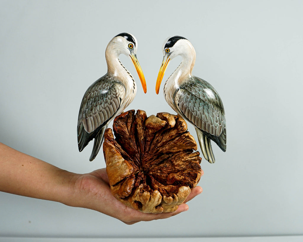 Colorful Heron Statue, Romantic, Painted Sculpture, Wood Carving Figure, Bird Statue, Tabletop, Housewarming, Couple Decor, Engagement Gift