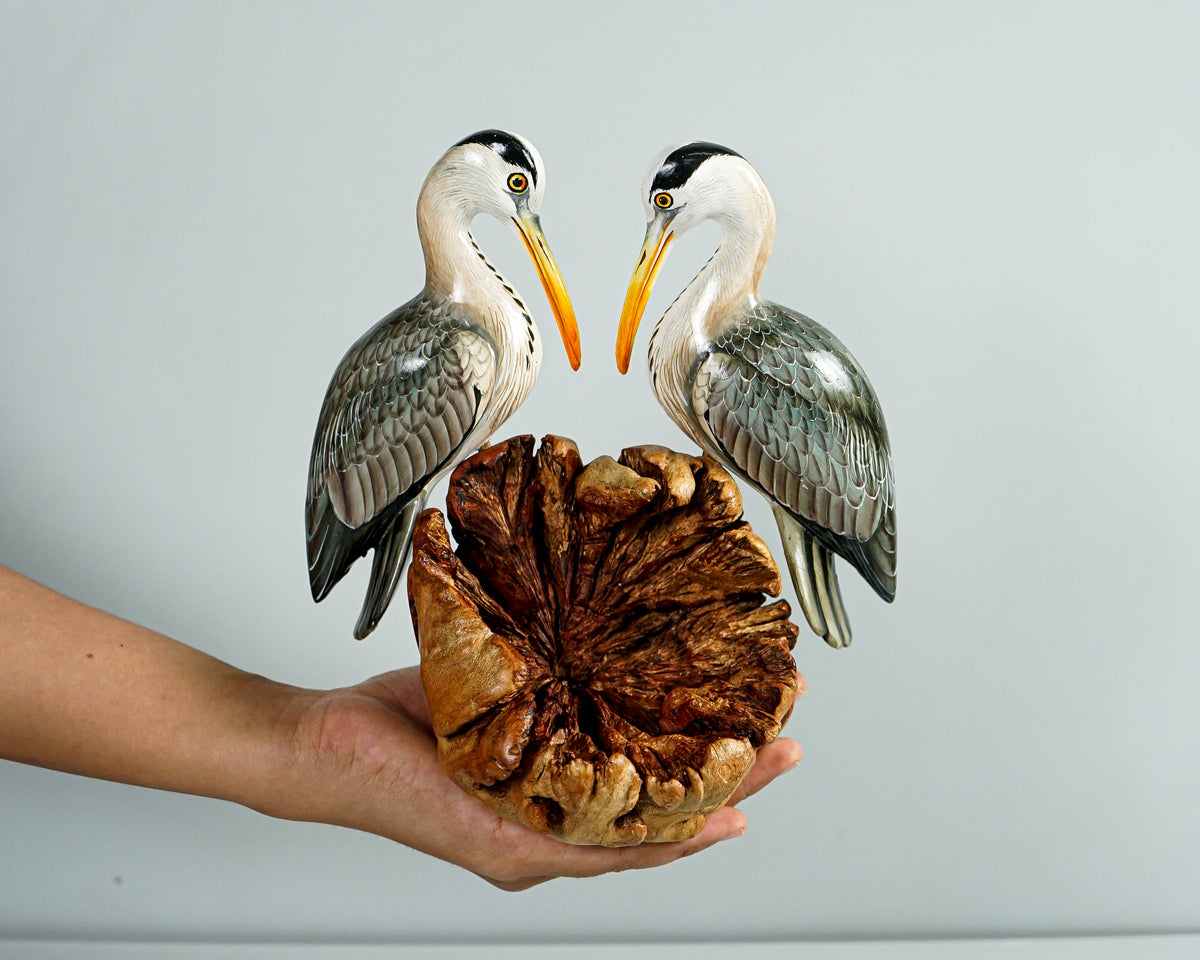 Colorful Heron Statue, Romantic, Painted Sculpture, Wood Carving Figure, Bird Statue, Tabletop, Housewarming, Couple Decor, Engagement Gift