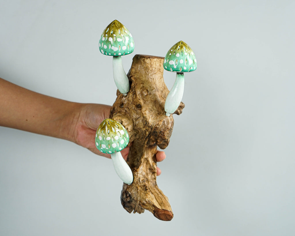 Green Hanging Mushroom Sculpture 8in Tall Hand-Carved Wooden Wall Art Decor Gift