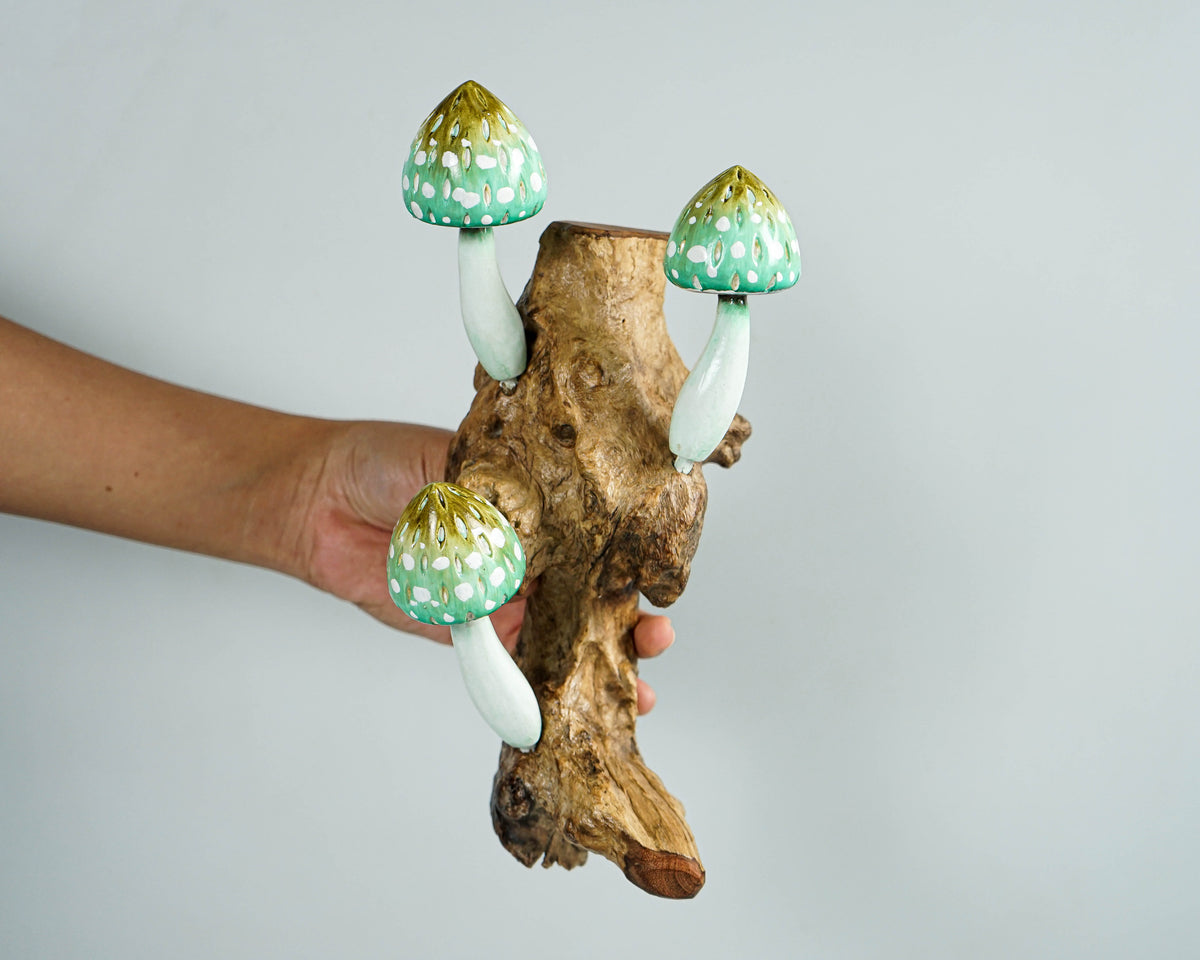 Green Hanging Mushroom Sculpture 8in Tall Hand-Carved Wooden Wall Art Decor Gift