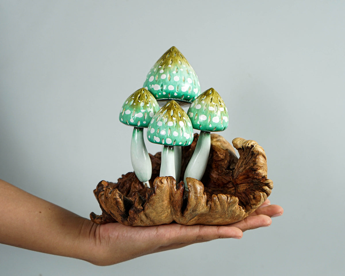 Green Mushroom Sculpture 7in Tall Hand-Painted Fairy Wooden Tabletop Decor