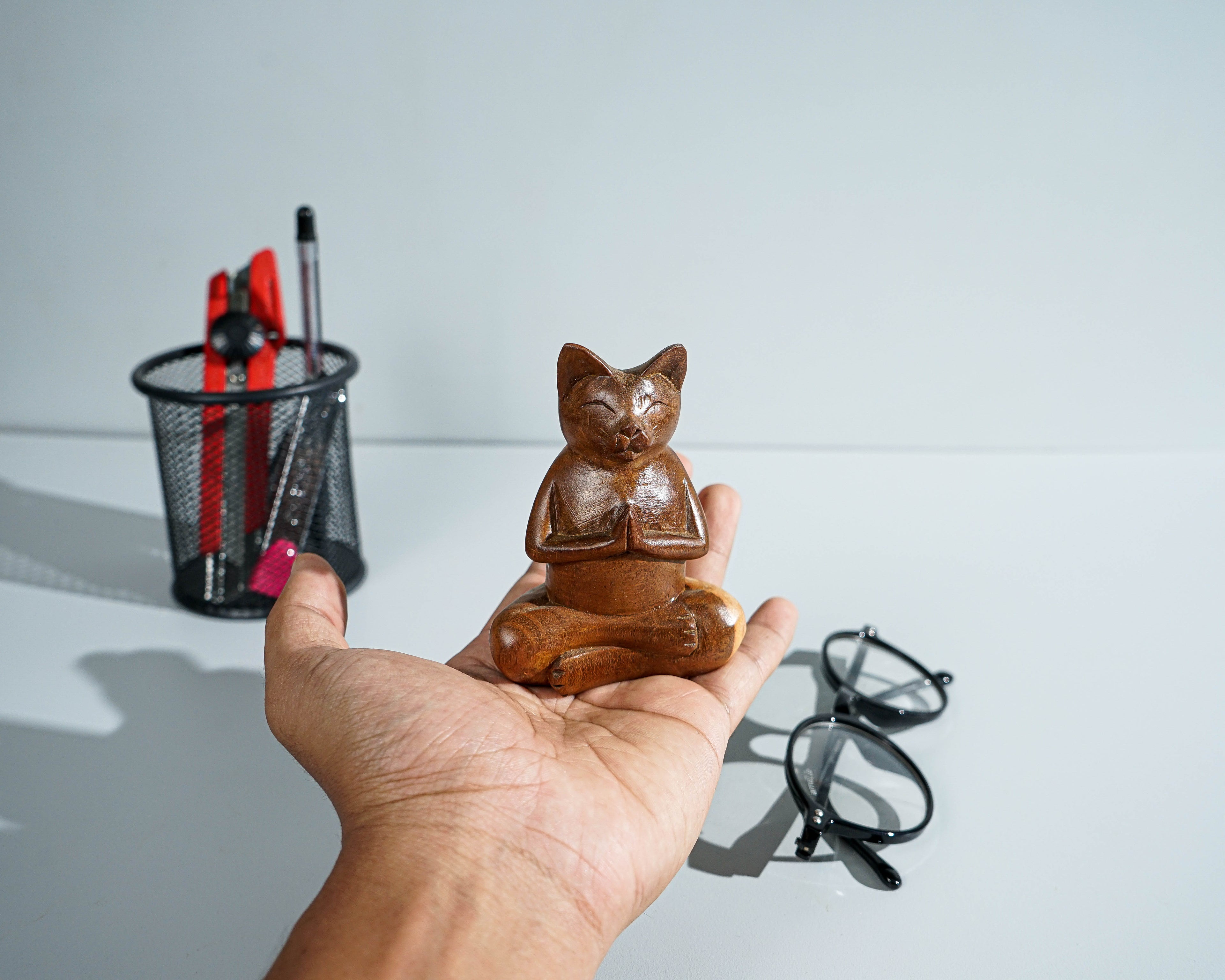Yoga Cat Sculpture, Cat Figurine, Wood Carving, Artwork, Office Decoration, Meditation, Buddha Cat Statue, Unique Decor, Birthday Gift