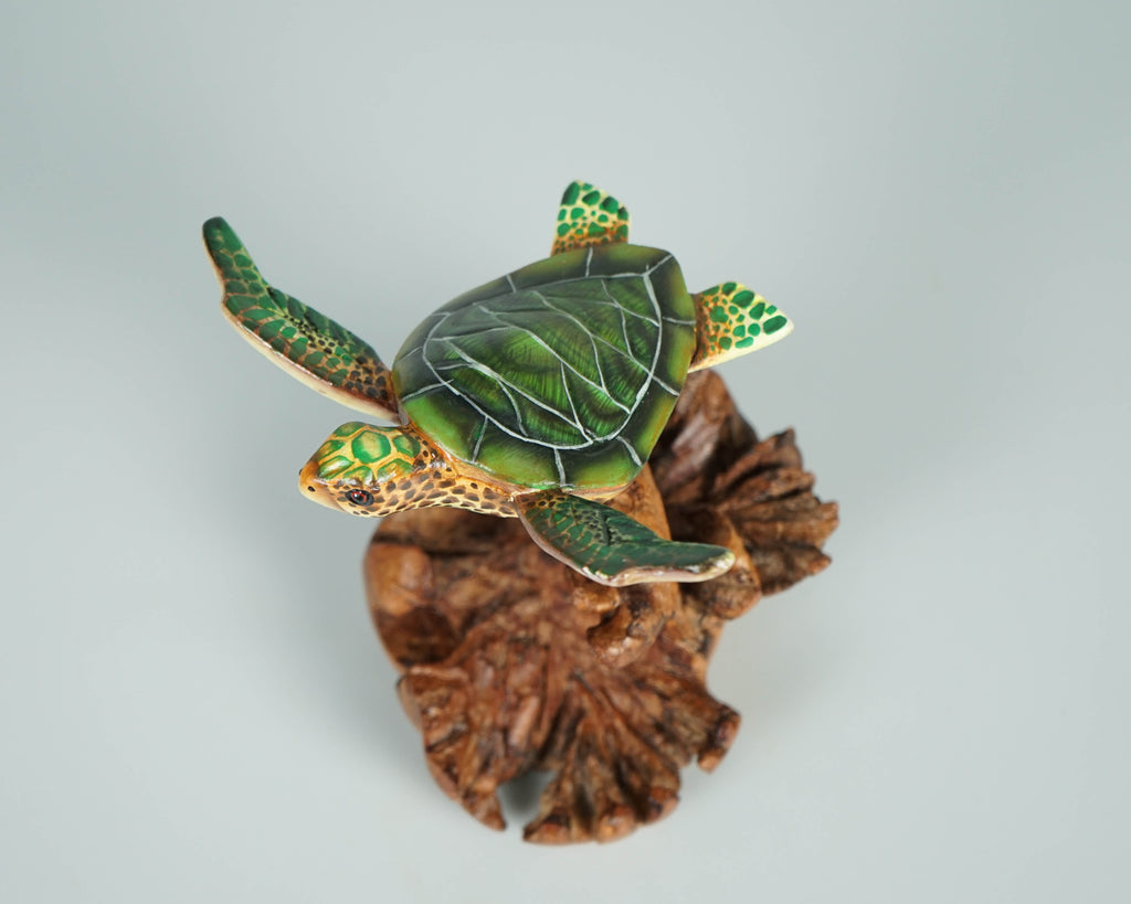 Green Turtle Sculpture, Sea Turtle, Wood Carving, Nautical, Artwork, Unique Animal, Hand-painted Figurine, Fall Decoration, Gift for Sister