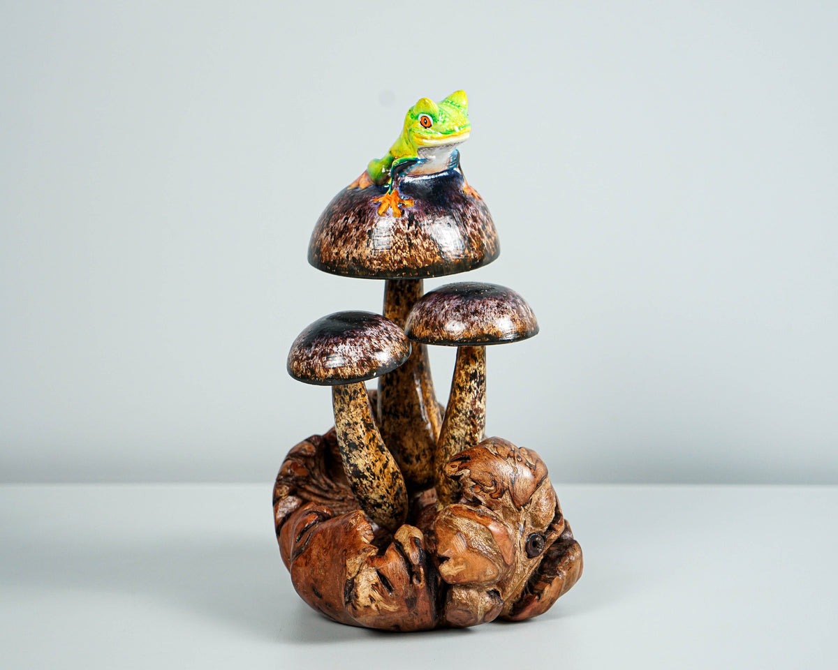 Frog on Mushroom Sculpture 7in Tall Hand-Carved Painted Wooden Art Decor