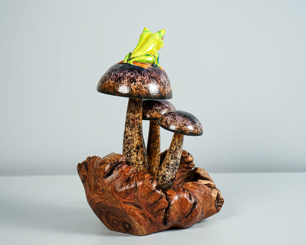 Frog on Mushroom Sculpture 7in Tall Hand-Carved Painted Wooden Art Decor