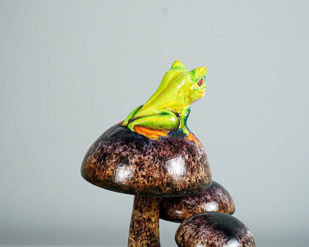 Frog on Mushroom Sculpture 7in Tall Hand-Carved Painted Wooden Art Decor