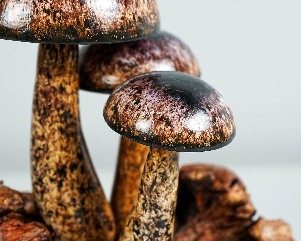 Frog on Mushroom Sculpture 7in Tall Hand-Carved Painted Wooden Art Decor