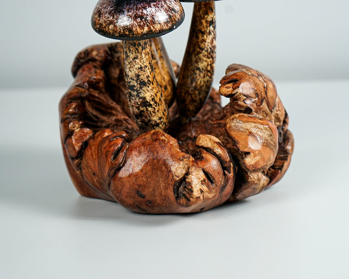 Frog on Mushroom Sculpture 7in Tall Hand-Carved Painted Wooden Art Decor