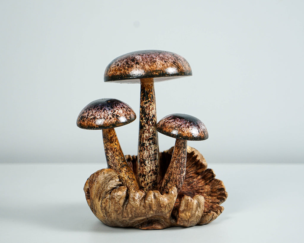 Brown Miniature Mushroom Sculpture 6.1in Tall Hand-Painted Rustic Wooden Art Decor