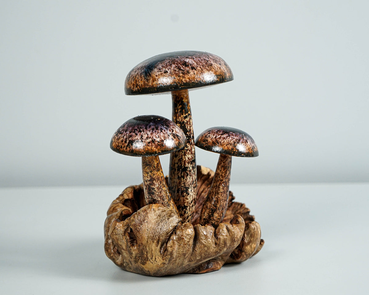 Brown Miniature Mushroom Sculpture 6.1in Tall Hand-Painted Rustic Wooden Art Decor