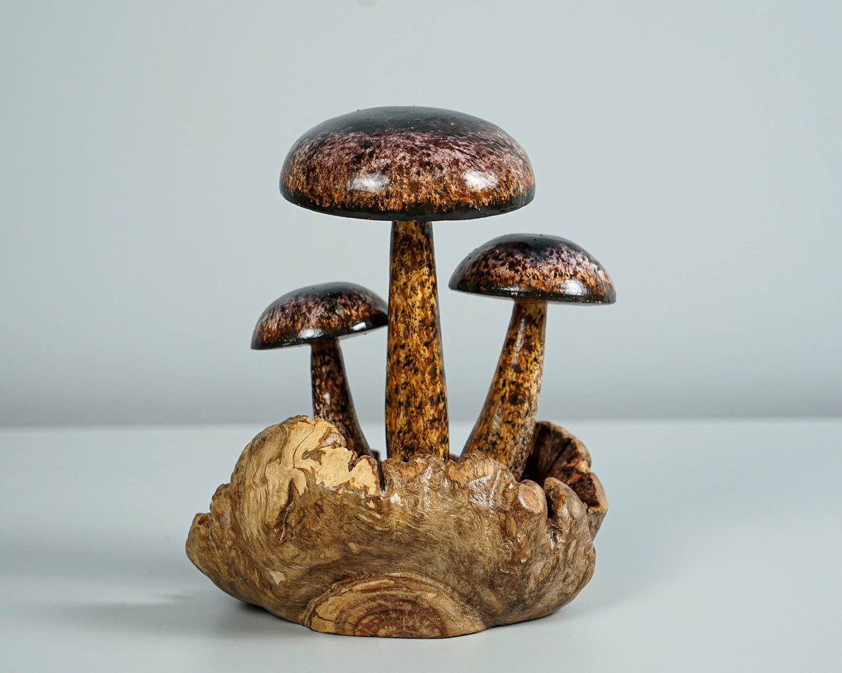 Brown Miniature Mushroom Sculpture 6.1in Tall Hand-Painted Rustic Wooden Art Decor