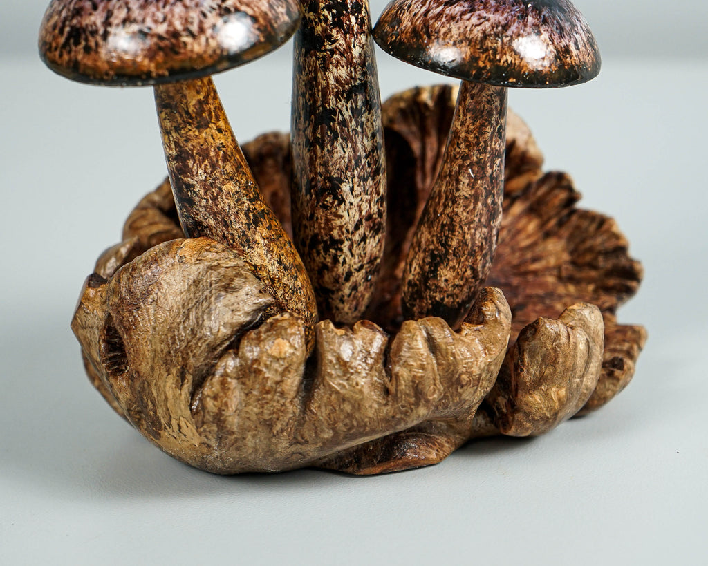 Brown Miniature Mushroom Sculpture 6.1in Tall Hand-Painted Rustic Wooden Art Decor