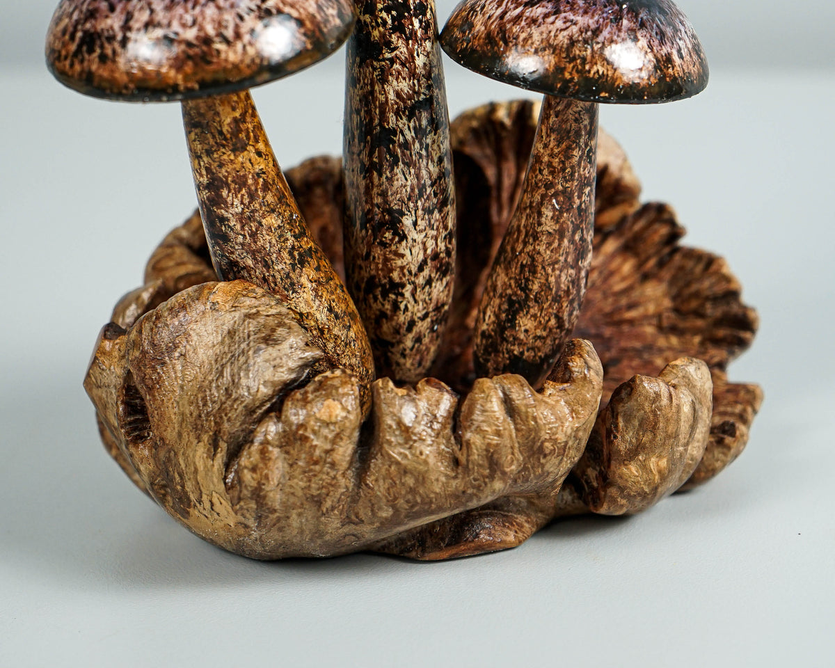 Brown Miniature Mushroom Sculpture 6.1in Tall Hand-Painted Rustic Wooden Art Decor