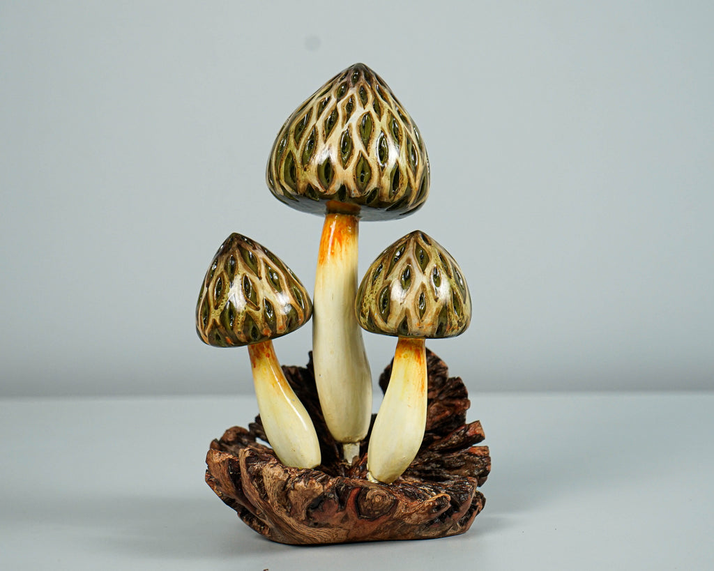 Wild Morel Mushroom Sculpture 7in Tall Hand-Carved Rustic Forest Wood Decor