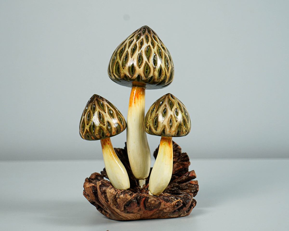 Wild Morel Mushroom Sculpture 7in Tall Hand-Carved Rustic Forest Wood Decor