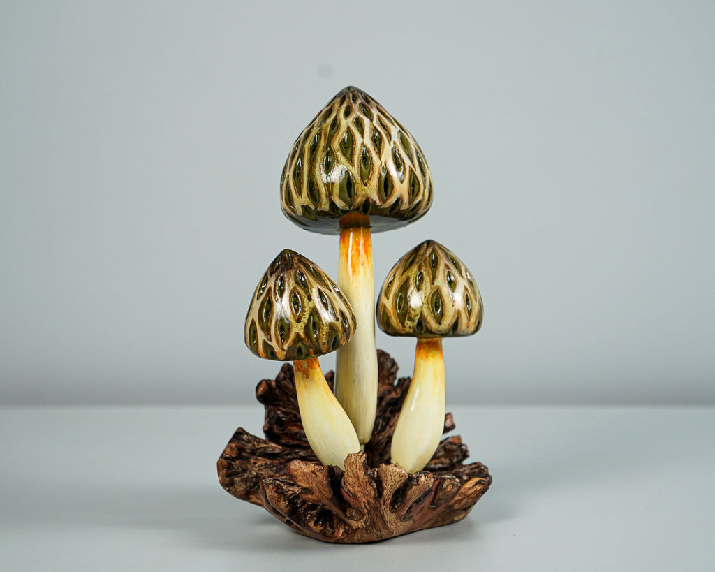 Wild Morel Mushroom Sculpture 7in Tall Hand-Carved Rustic Forest Wood Decor
