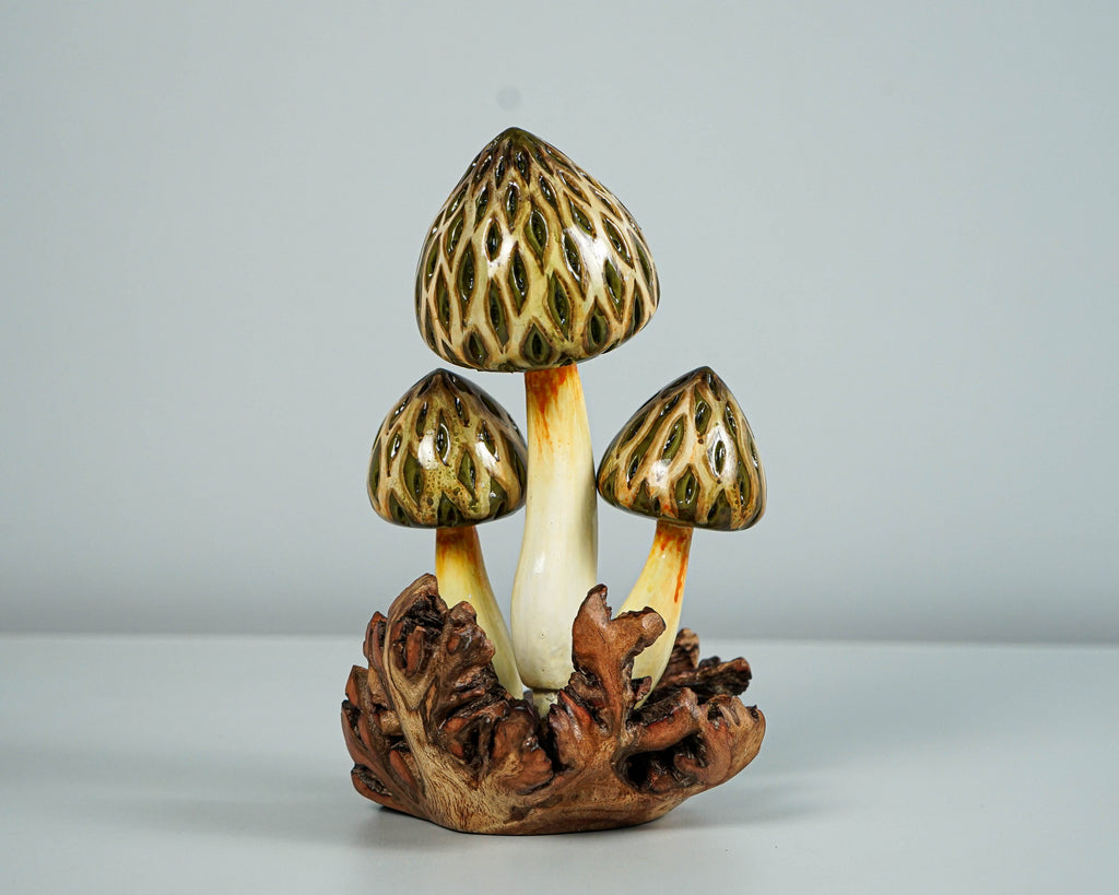 Wild Morel Mushroom Sculpture 7in Tall Hand-Carved Rustic Forest Wood Decor