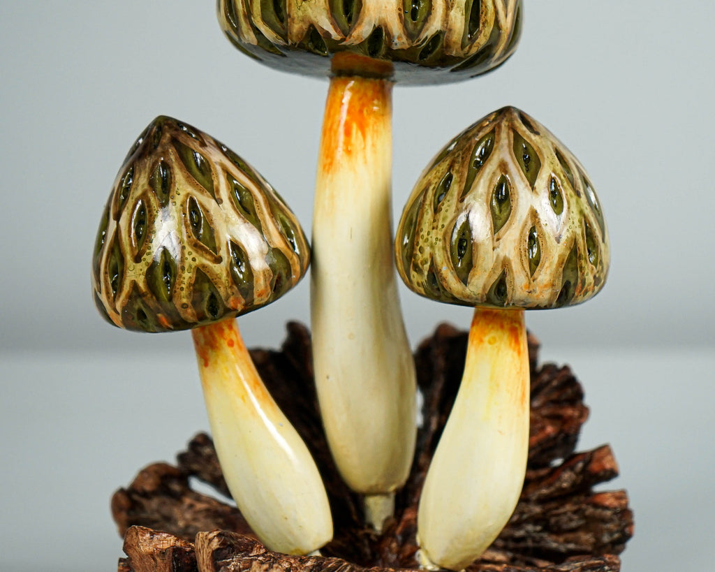 Wild Morel Mushroom Sculpture 7in Tall Hand-Carved Rustic Forest Wood Decor