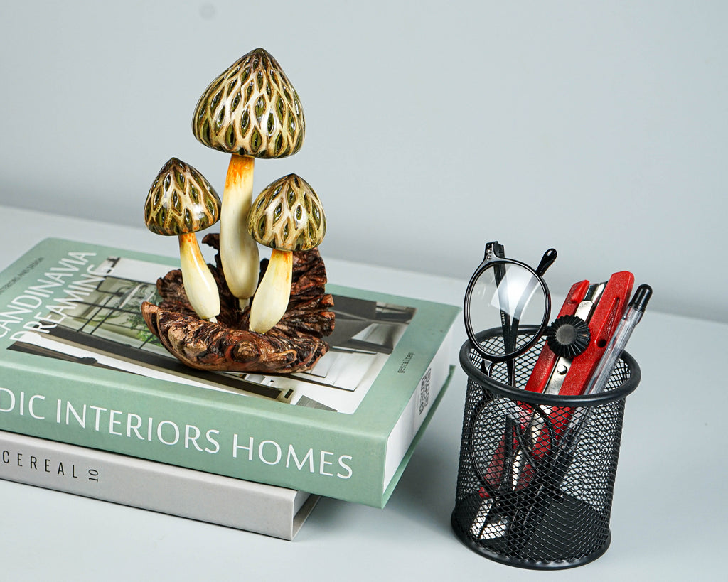 Wild Morel Mushroom Sculpture 7in Tall Hand-Carved Rustic Forest Wood Decor