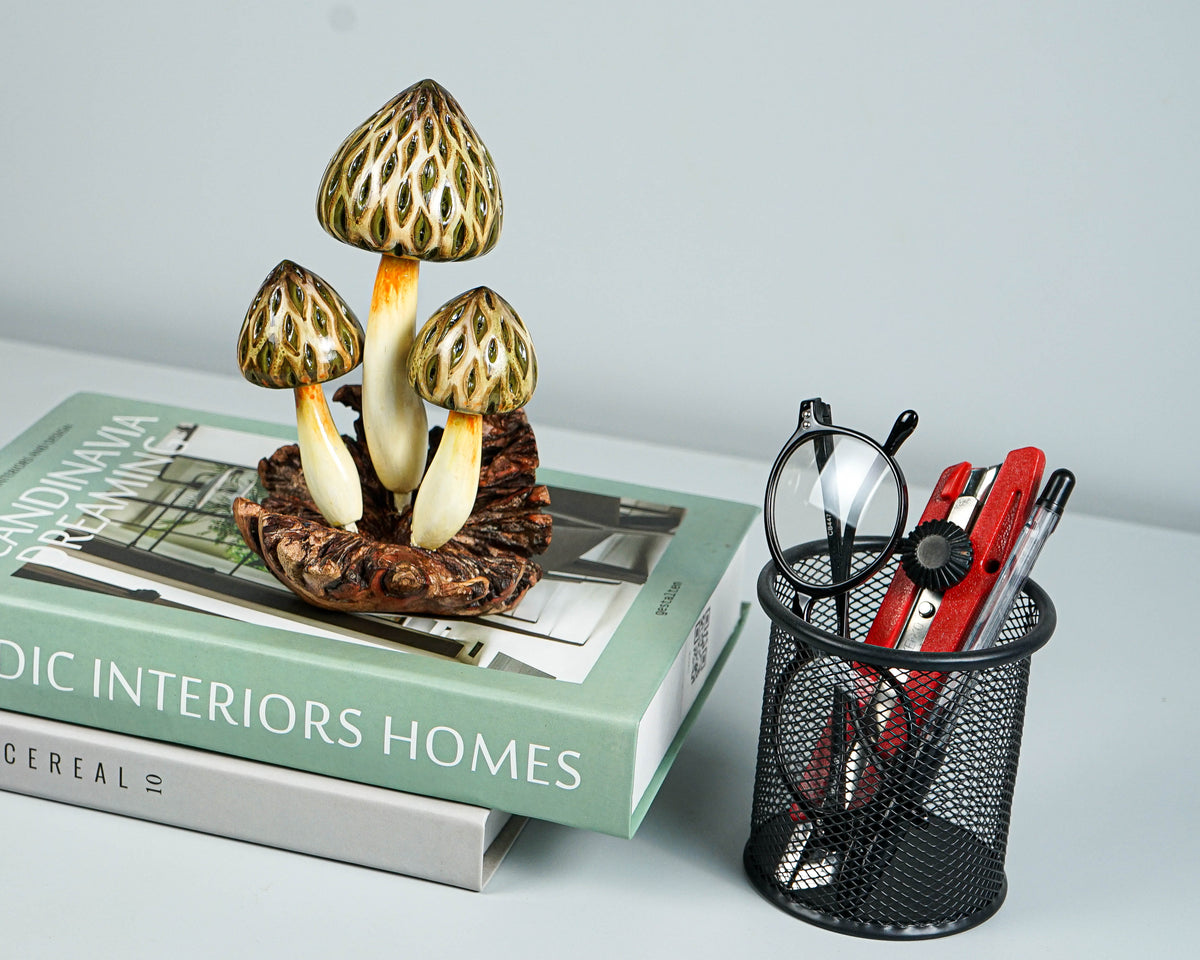 Wild Morel Mushroom Sculpture 7in Tall Hand-Carved Rustic Forest Wood Decor