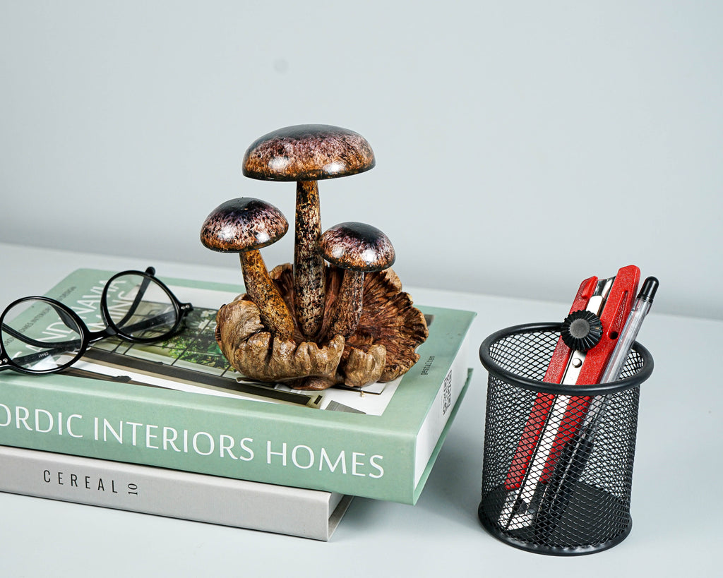 Brown Miniature Mushroom Sculpture 6.1in Tall Hand-Painted Rustic Wooden Art Decor