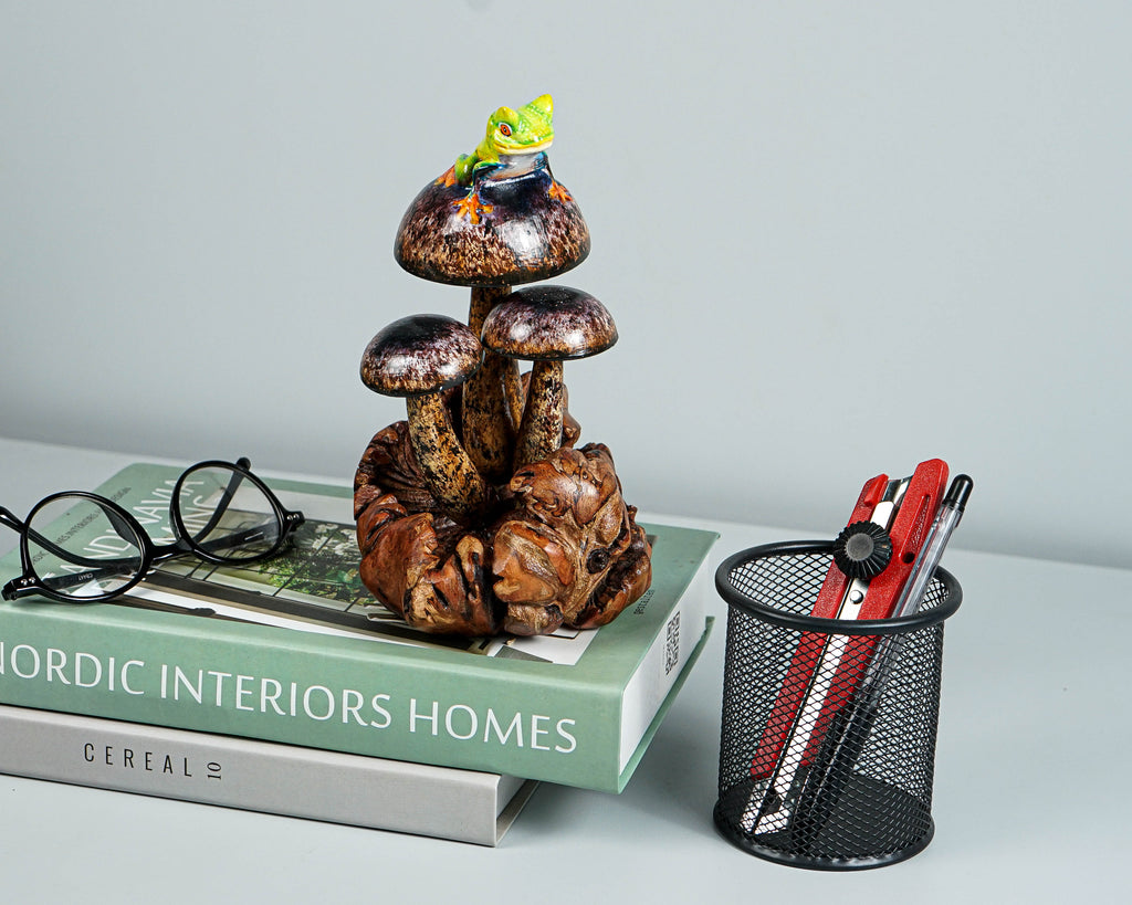 Frog on Mushroom Sculpture 7in Tall Hand-Carved Painted Wooden Art Decor