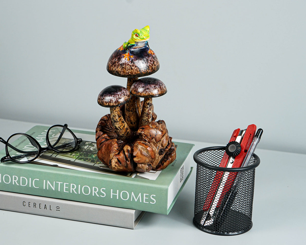 Frog on Mushroom Sculpture 7in Tall Hand-Carved Painted Wooden Art Decor