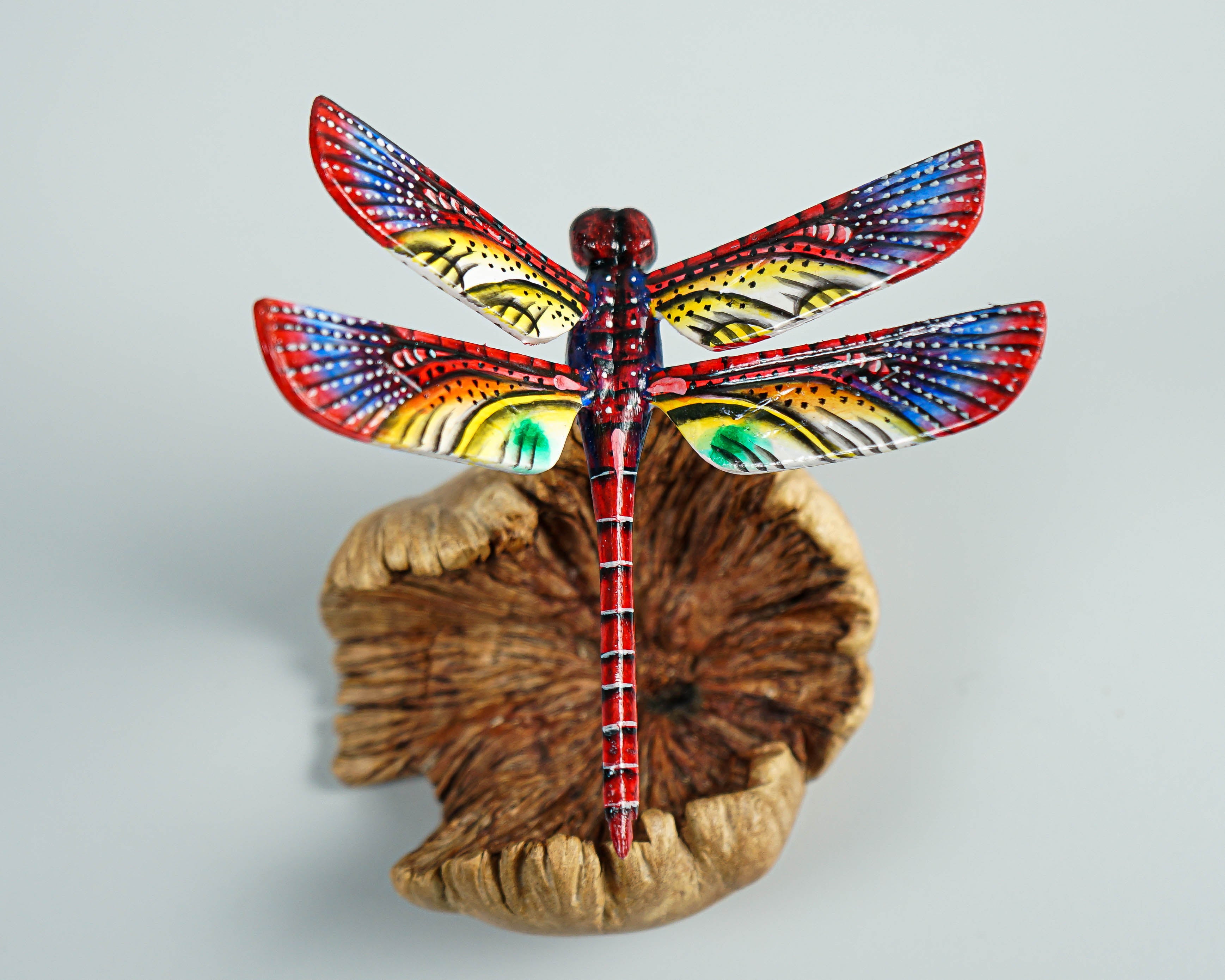 Dragonfly On Flower, Colored Dragonfly, Red Dragonfly Statue, Handcrafted, Tropical Decor, Wood Figurine, Unique Sculpture, Gift for Her