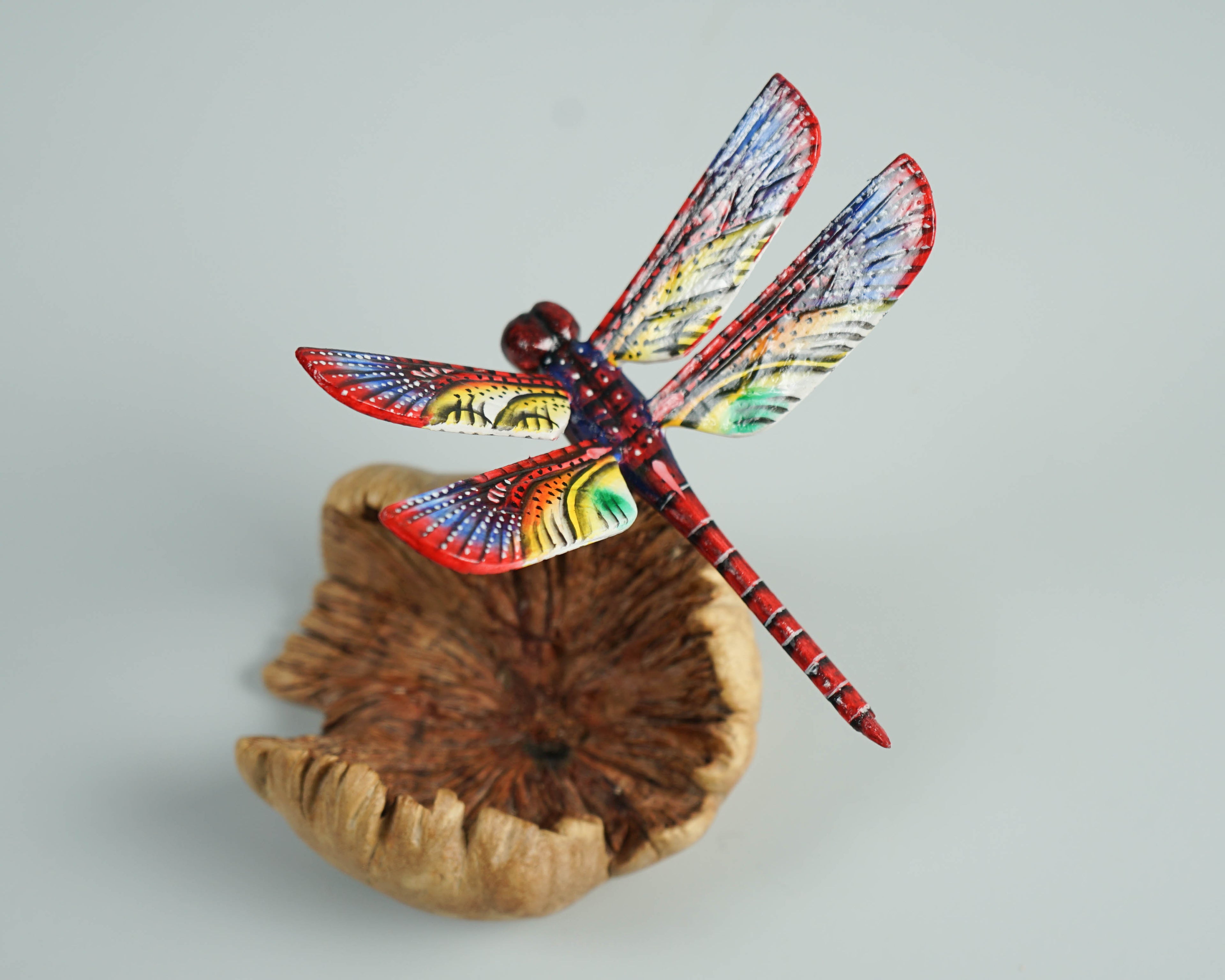 Dragonfly On Flower, Colored Dragonfly, Red Dragonfly Statue, Handcrafted, Tropical Decor, Wood Figurine, Unique Sculpture, Gift for Her