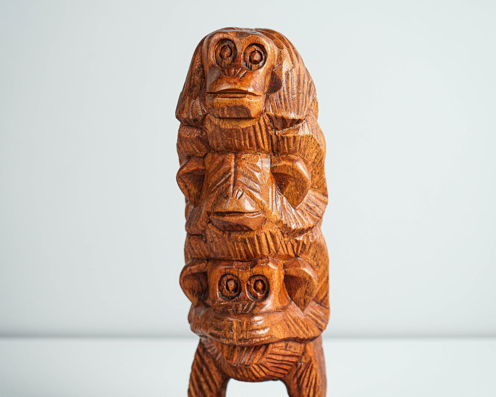 Three Wise Monkeys Statue, Wood Carving, Animal Sculpture, Hand Carved, Decorative, Triplet, Above Bed Decor, Tabletop, Memorial Gift