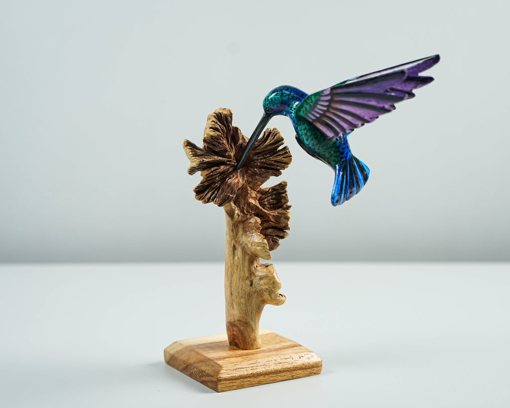 Green Hummingbird Statue, Blue, Personalized, Painted Sculpture, Wood Carving Figure, Bird Statue, Colibri, Home Decor, Gift for Mother