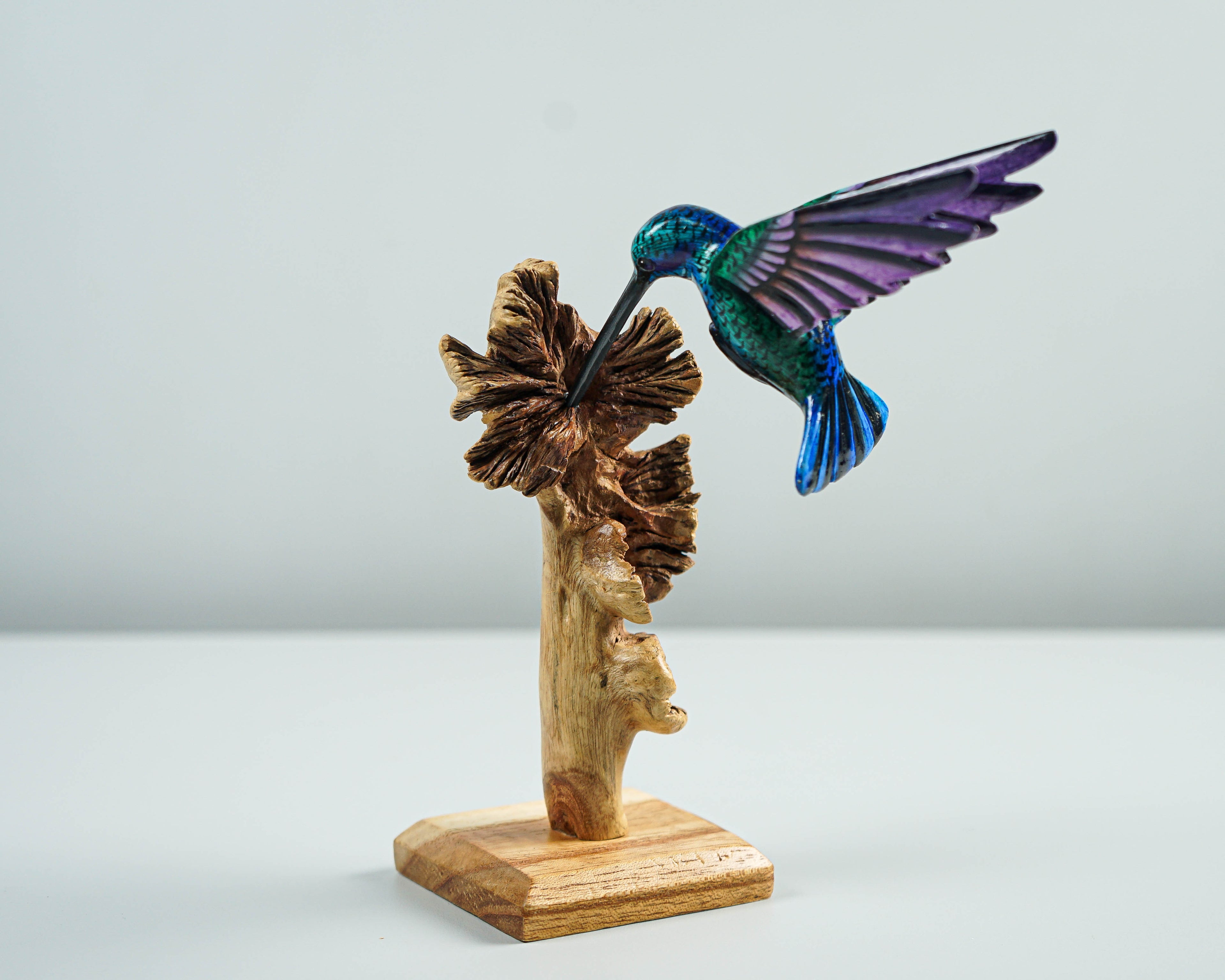 Green Hummingbird Statue, Blue, Personalized, Painted Sculpture, Wood Carving Figure, Bird Statue, Colibri, Home Decor, Gift for Mother