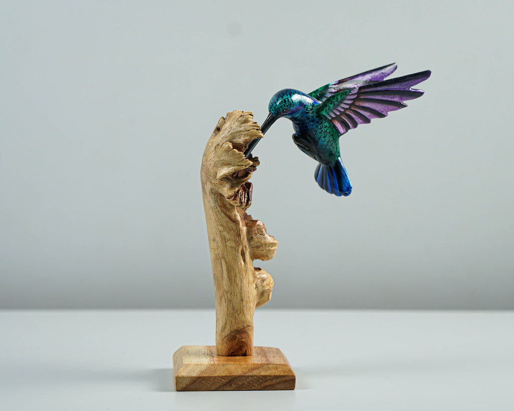 Green Hummingbird Statue, Blue, Personalized, Painted Sculpture, Wood Carving Figure, Bird Statue, Colibri, Home Decor, Gift for Mother