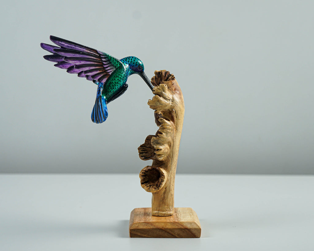 Green Hummingbird Statue, Blue, Personalized, Painted Sculpture, Wood Carving Figure, Bird Statue, Colibri, Home Decor, Gift for Mother