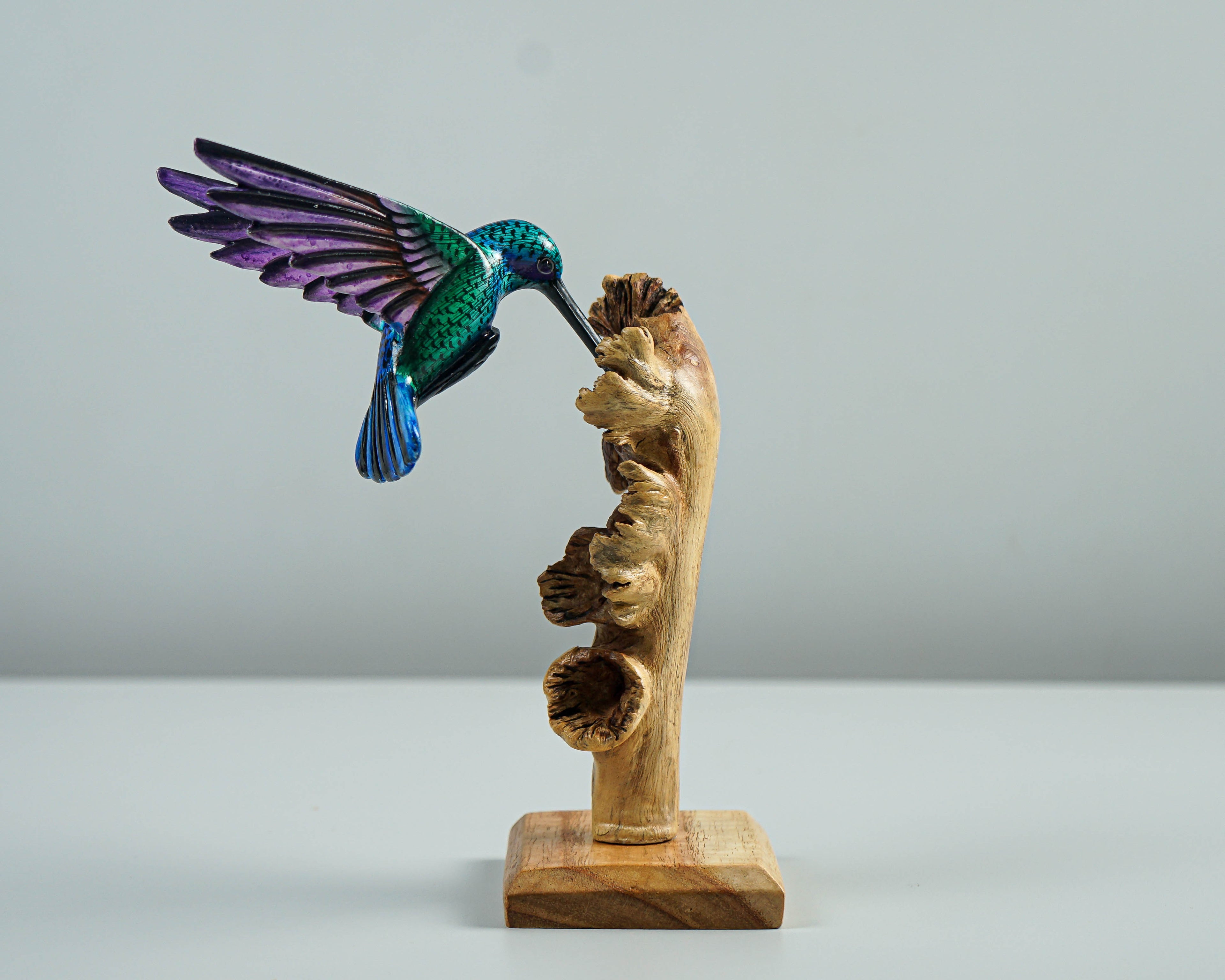 Green Hummingbird Statue, Blue, Personalized, Painted Sculpture, Wood Carving Figure, Bird Statue, Colibri, Home Decor, Gift for Mother